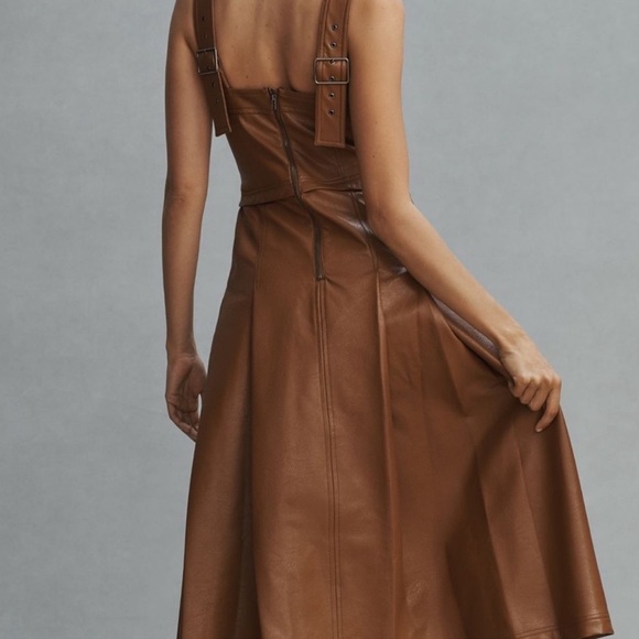 PILCRO Faux Leather Pleated Pinafore Dress color cognac from Anthropologie Sz 2 - Picture 1 of 5